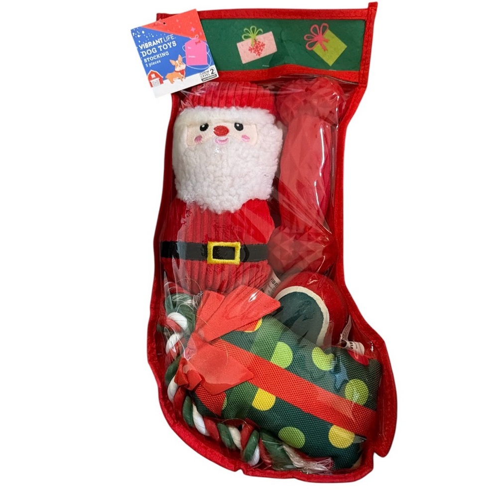 Vibrant Life Multipack Dog Toy Stocking, 5 Count, Red Santa
